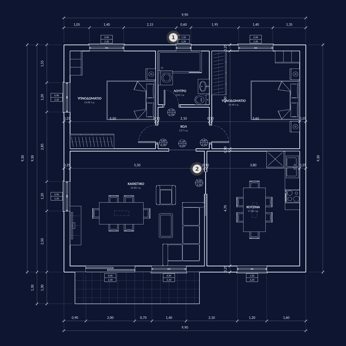 Η ίδια κάτοψη σε DWG: τοίχοι με πάχος, κουφώματα με πινακάκια, έπιπλα, χώροι με εμβαδά, αλυσίδες διαστάσεων, 2 σημεία για επιβεβαίωση